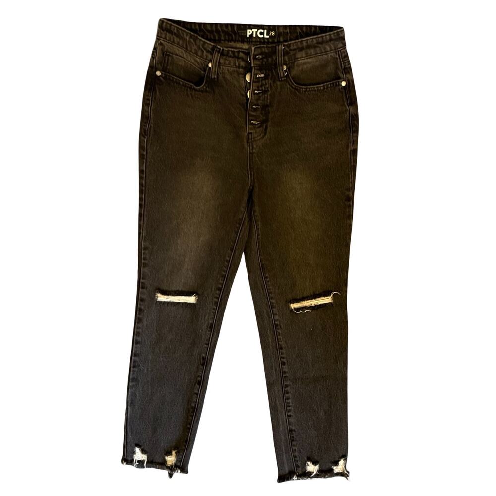 PTCL Jeans Womens 28 Eco Friendly Black Distressed Button Fly Raw Hem High Rise